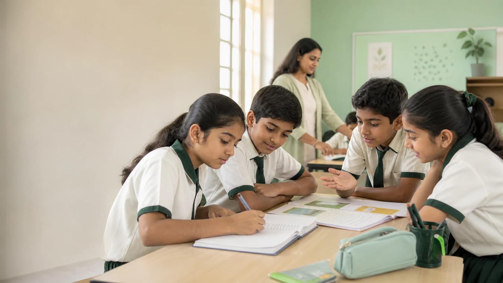Grade 5–6 students discussing an activity together in an Indian classroom