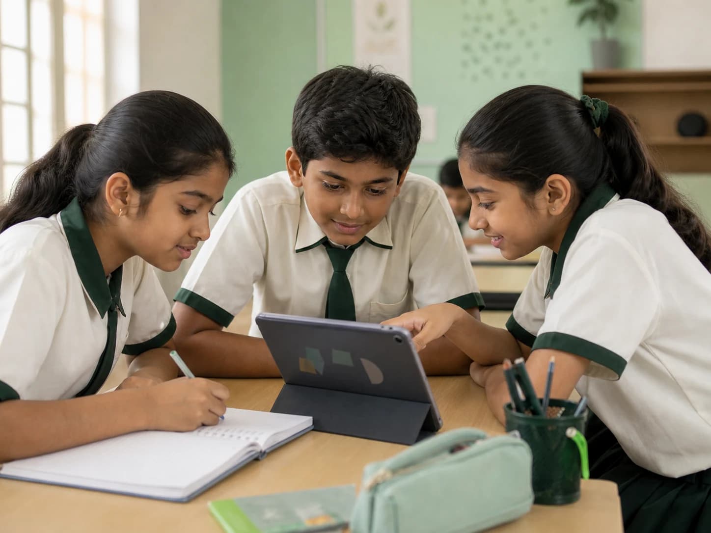 Students collaborating around a tablet and notebook in class