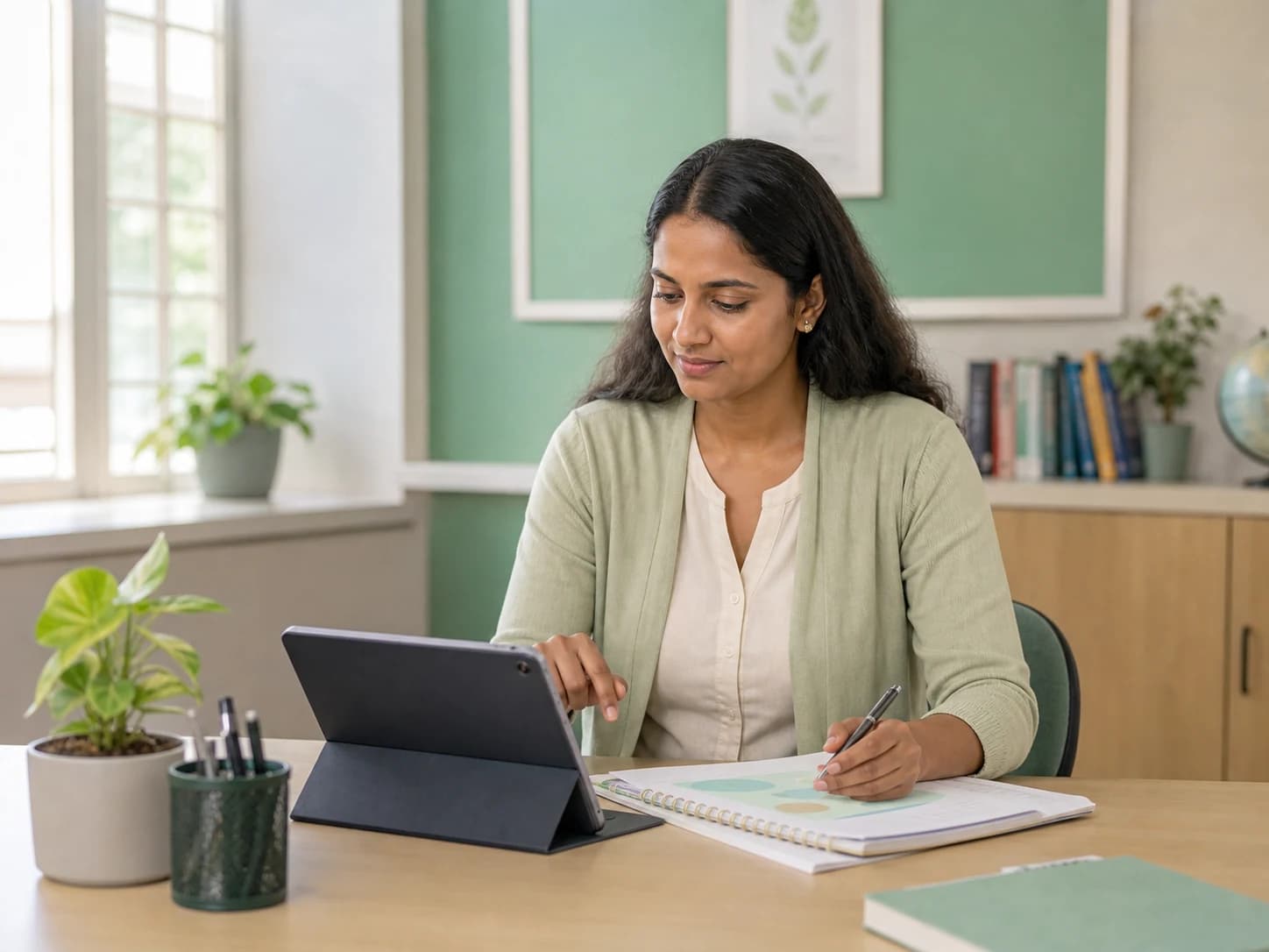 A teacher reviewing a learning guide beside a tablet