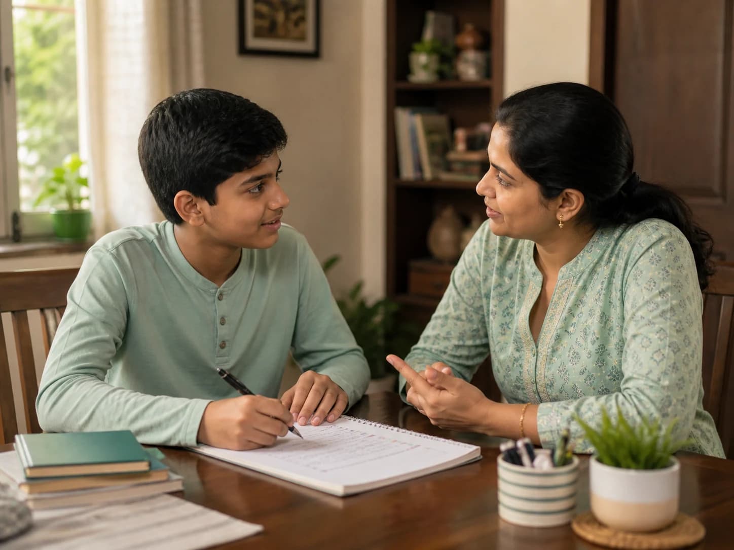 A parent and student discussing an everyday goal at home